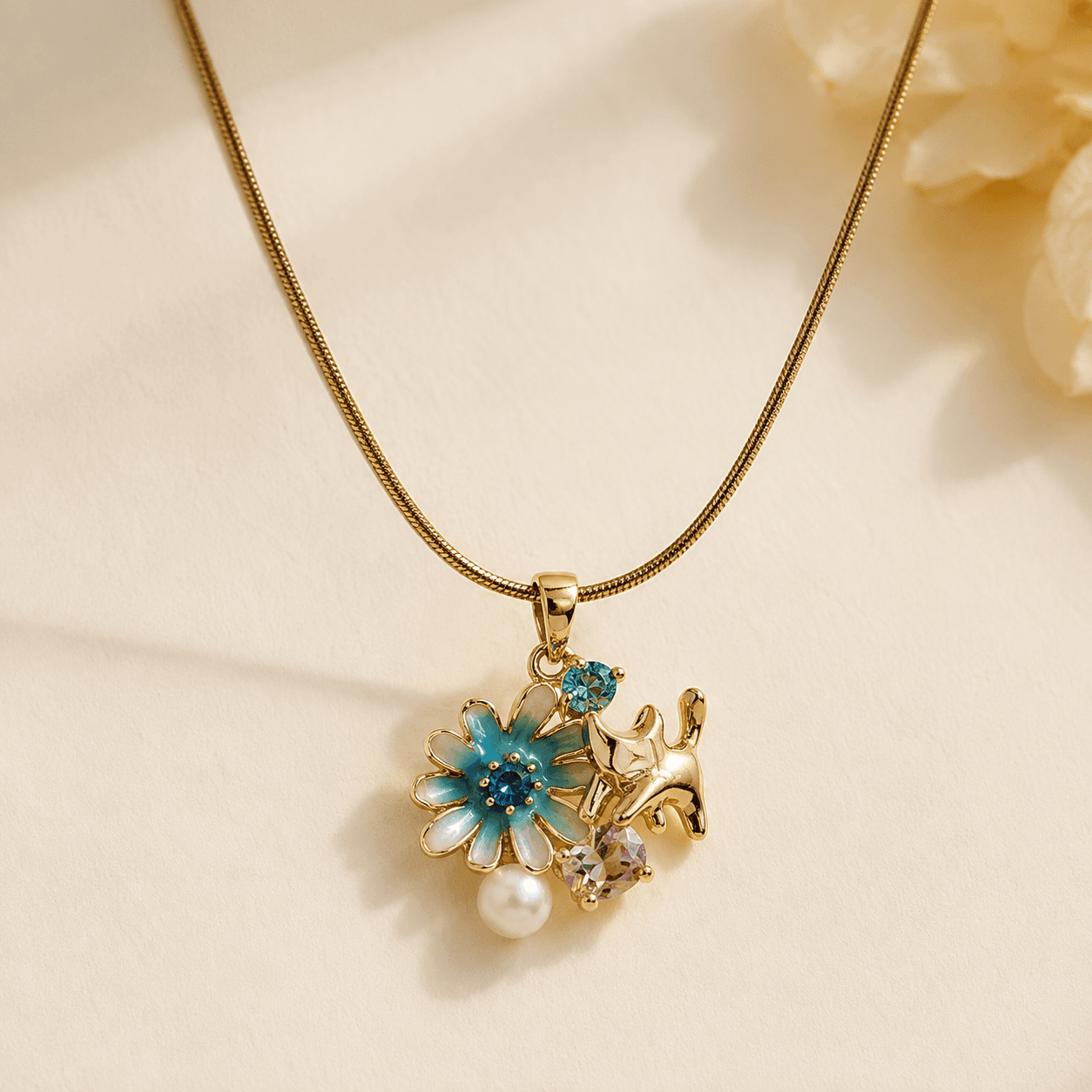Whimsical Floral Cat Pendant Necklace